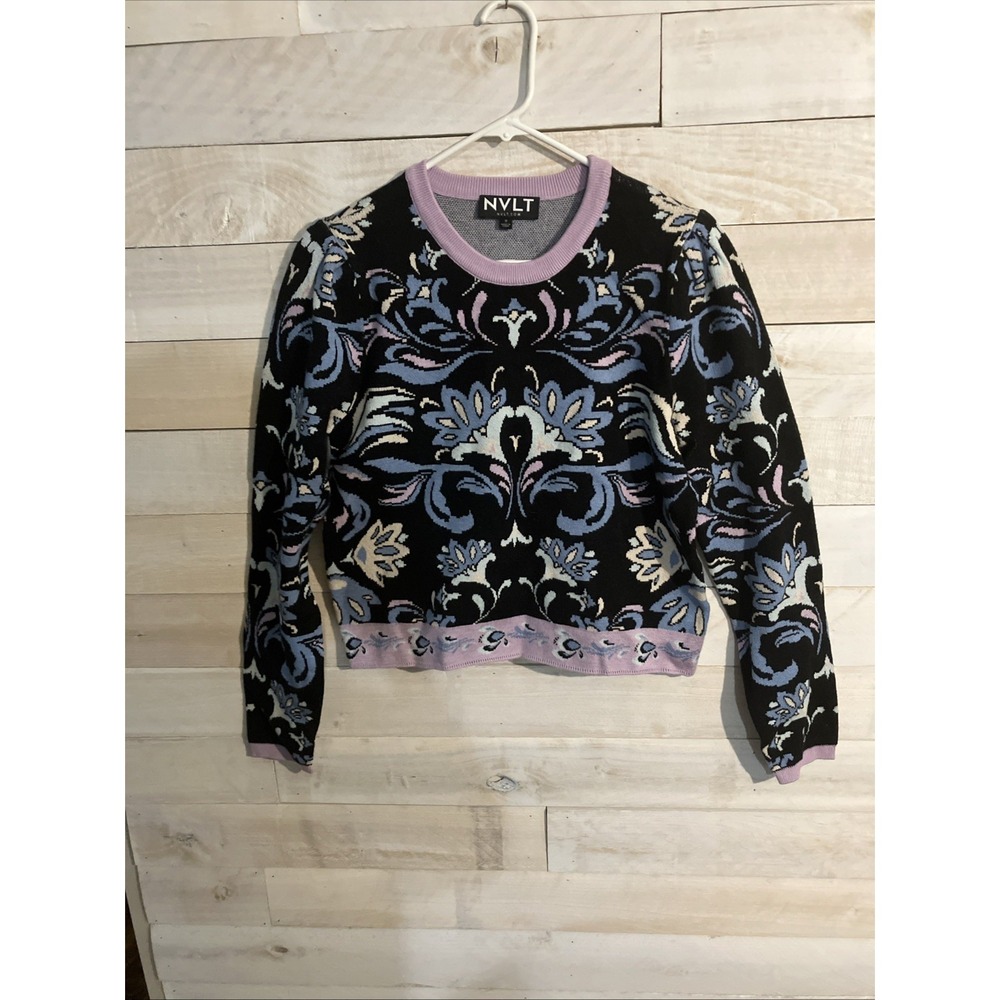 NVLT Damask Floral Jacquard Crewneck Sweater Black Lilac Blue Medium NWT